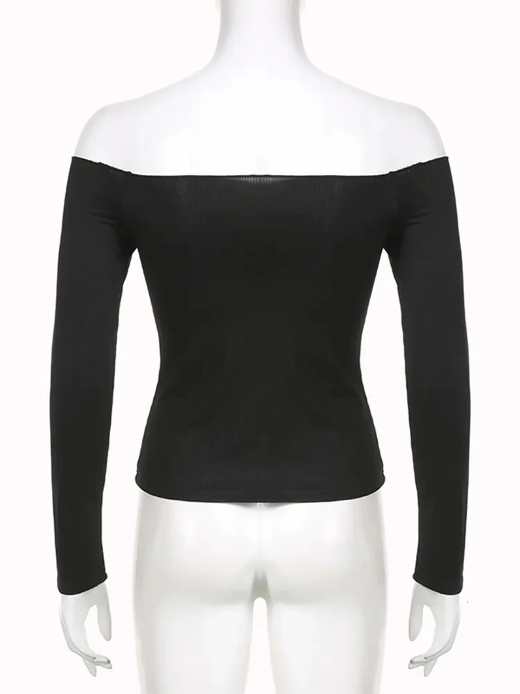 Black Solid Slash Neck Elegant Long Sleeve Tops Korean Fashion Slim Sexy Cropped T Shirt Women Fall Clothing 250703