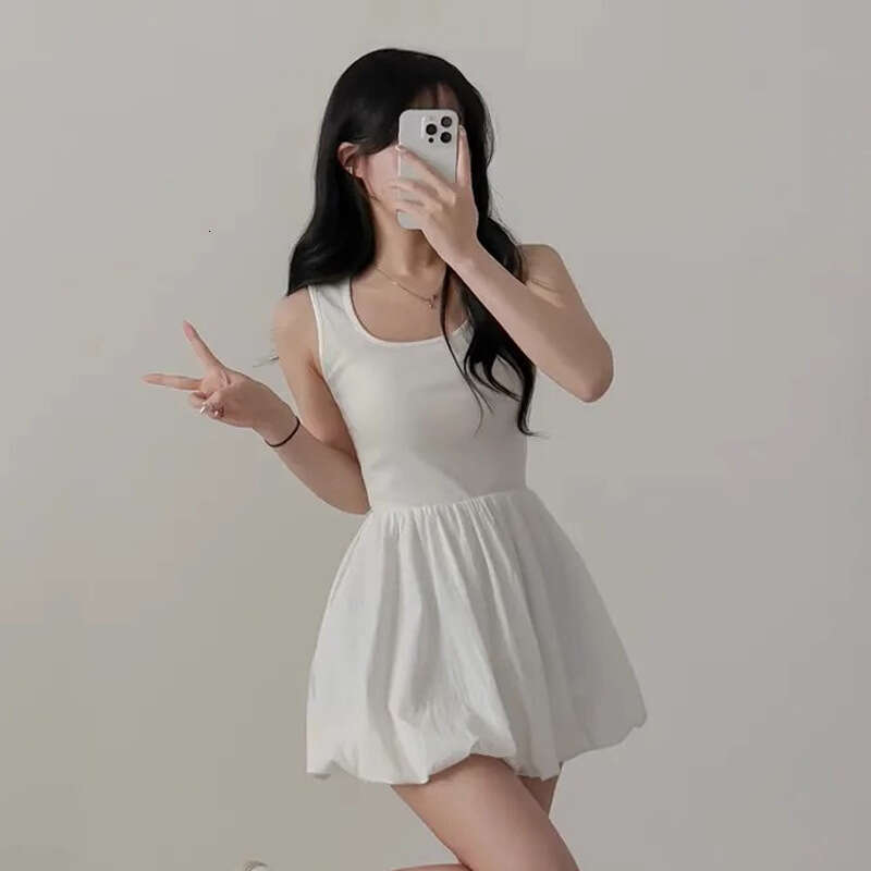 French Style White Strap For Women, Summer Chic Slimming Floral Short Dress, Sweet Waist-Cinching Puffy Dress B5