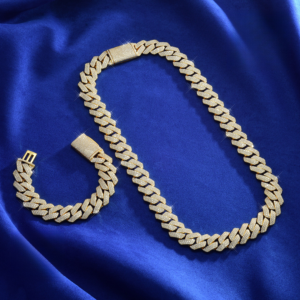 S Sier Moissanite Cuban Chain High-Quality 18mm Three-Row Dia Hip-Hop Necklace