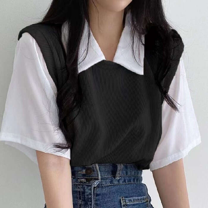 Summer Polo Collar Fake Two-Piece College Style Color-Block Short Sleeve T-Shirt For Women Loose Casual Versatile Top Ins B5