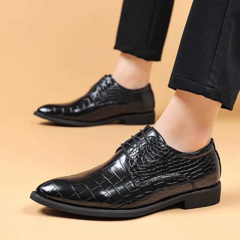 Crocodile Skin Luxury Brand Mens Leather Shoes Lace Pointy Derby Oxford Print Casual Mens Dress Shoes Wedding Party ShoesXJ250710