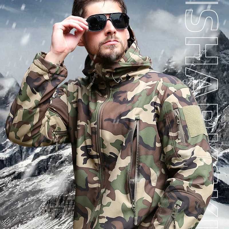 Winter Men Fleece Waterproof Overalls Riding Mountaineering Hiking Soft Shell Camouflage Jacket Tactical Outdoor Keep Warm Jacket W250711