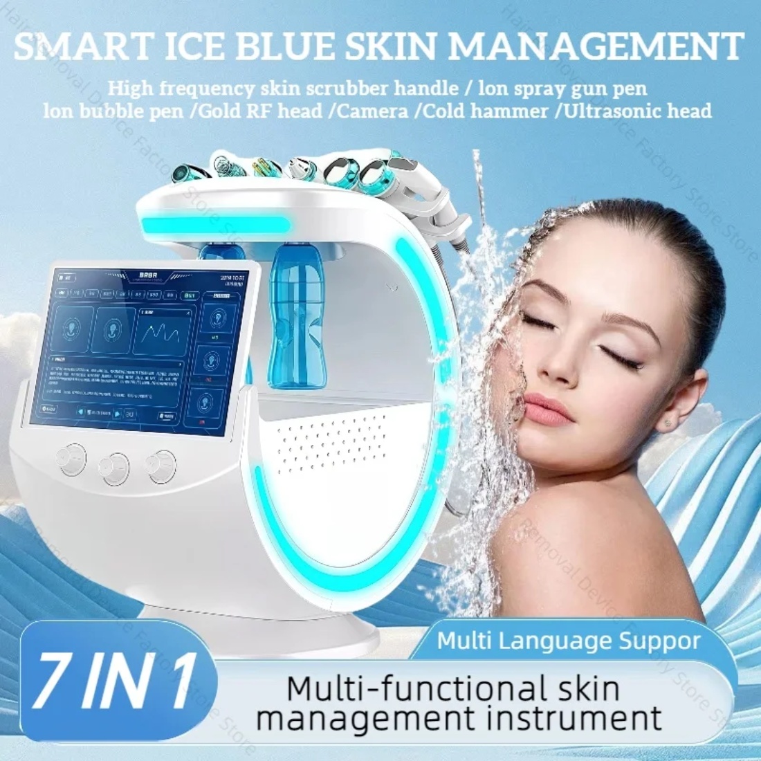 New 7 In 1 Smart Facial Cleansing Skin Analyze Deep Pore Vacuum Hydra Lift Anti-aging Beauty Machine Ice Blue