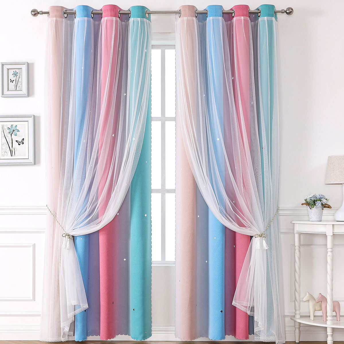 YL-36540 Morandi double curtain rainbow gradient stripe finished cloth yarn integrated blackout curtain