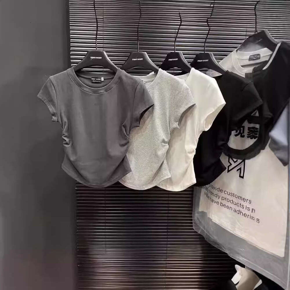 Spicy Girl Pure Desire Waist-Cinching T-Shirt Sleeve Summer New Solid Color Base Pullover Slim Fit Short Top Women B5