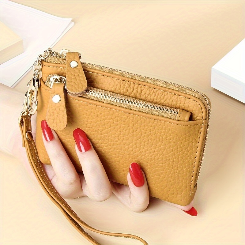Genuine Leather Women's Wallet, Zipper Around Bank Card & Coin Purs with Detachable Wrist Strap Lychee Pattern Handbag