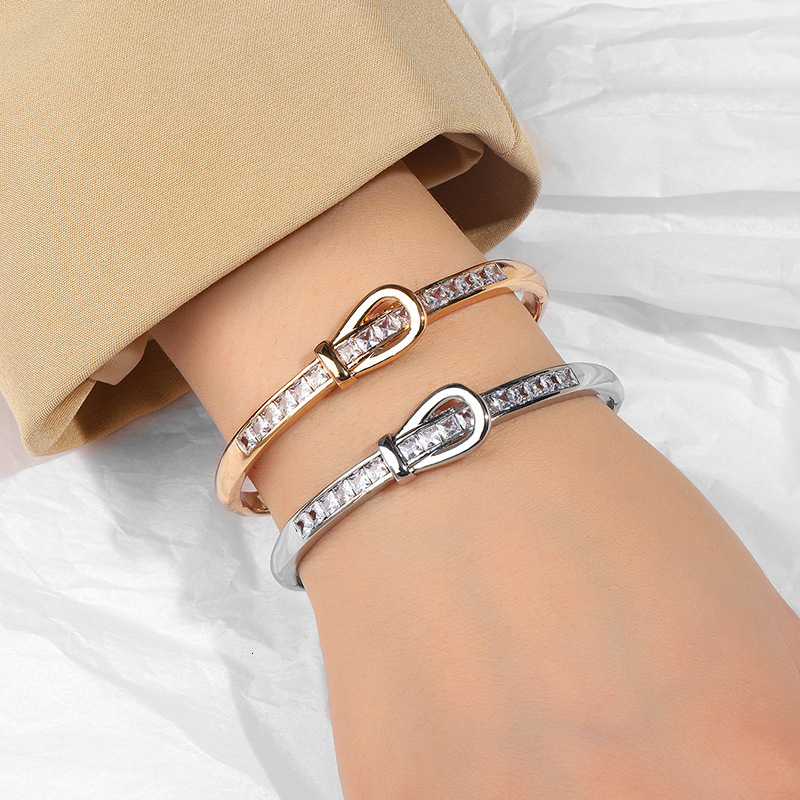 iny Rhinestone Inlay Bangle Glitter Steel Bracelet Classic Women's Open Bracelet250711