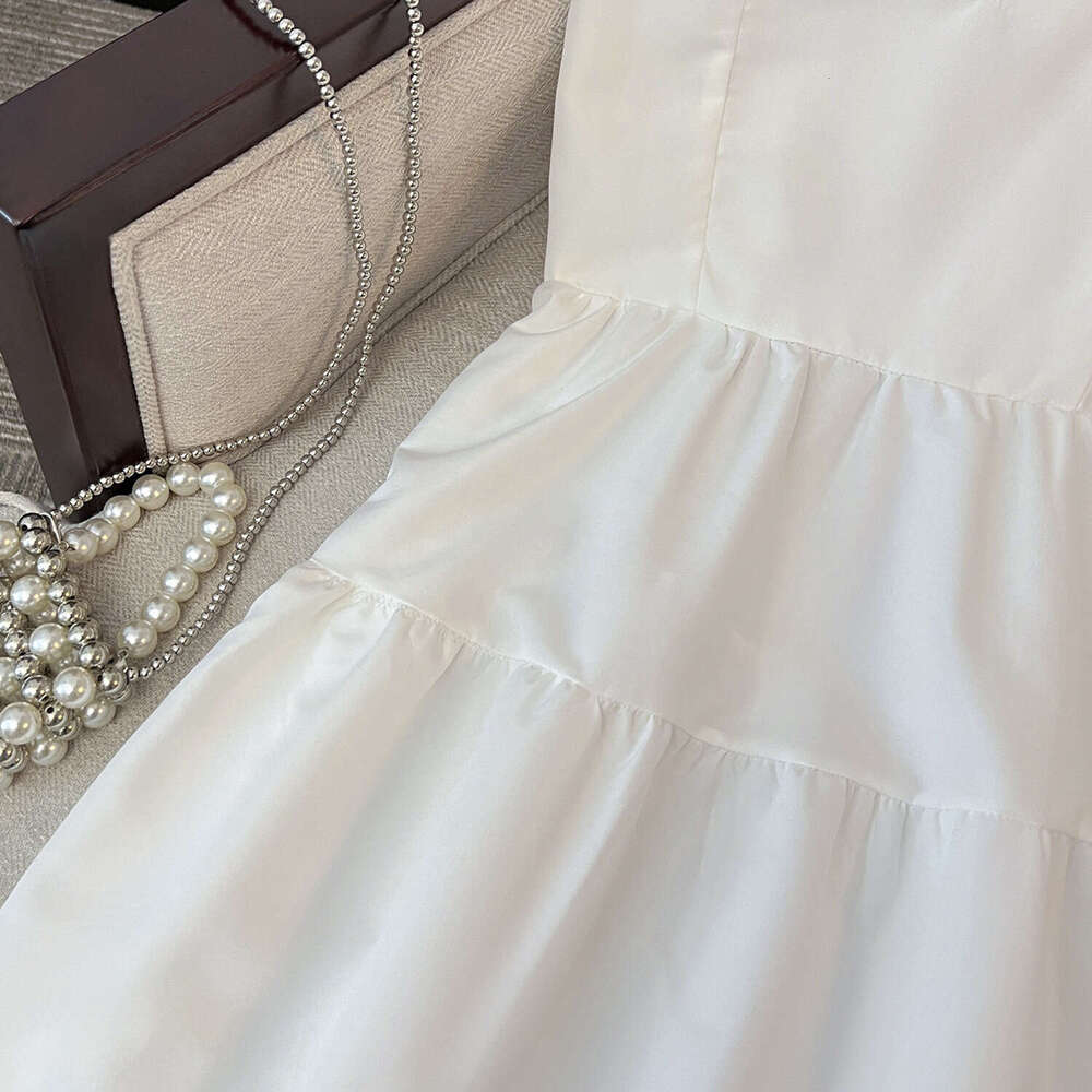 French Style White Strap For Women Summer New Simple Elegant Petite Slim Long Dress B5