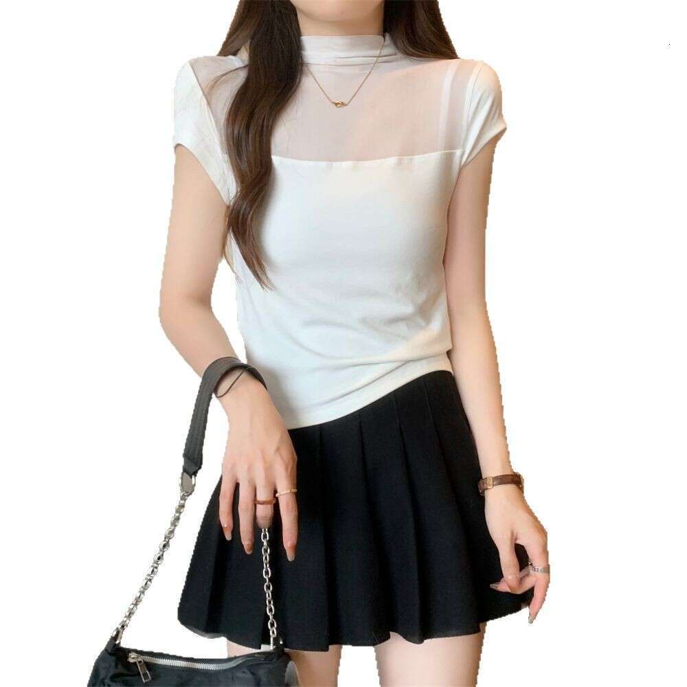 Women's T-Shirt With Unique Design, Summer Half High Neck Slim Fit Mesh Patchwork Base Layer, Sweet And Spicy Sexy Short Sleeve Top B5