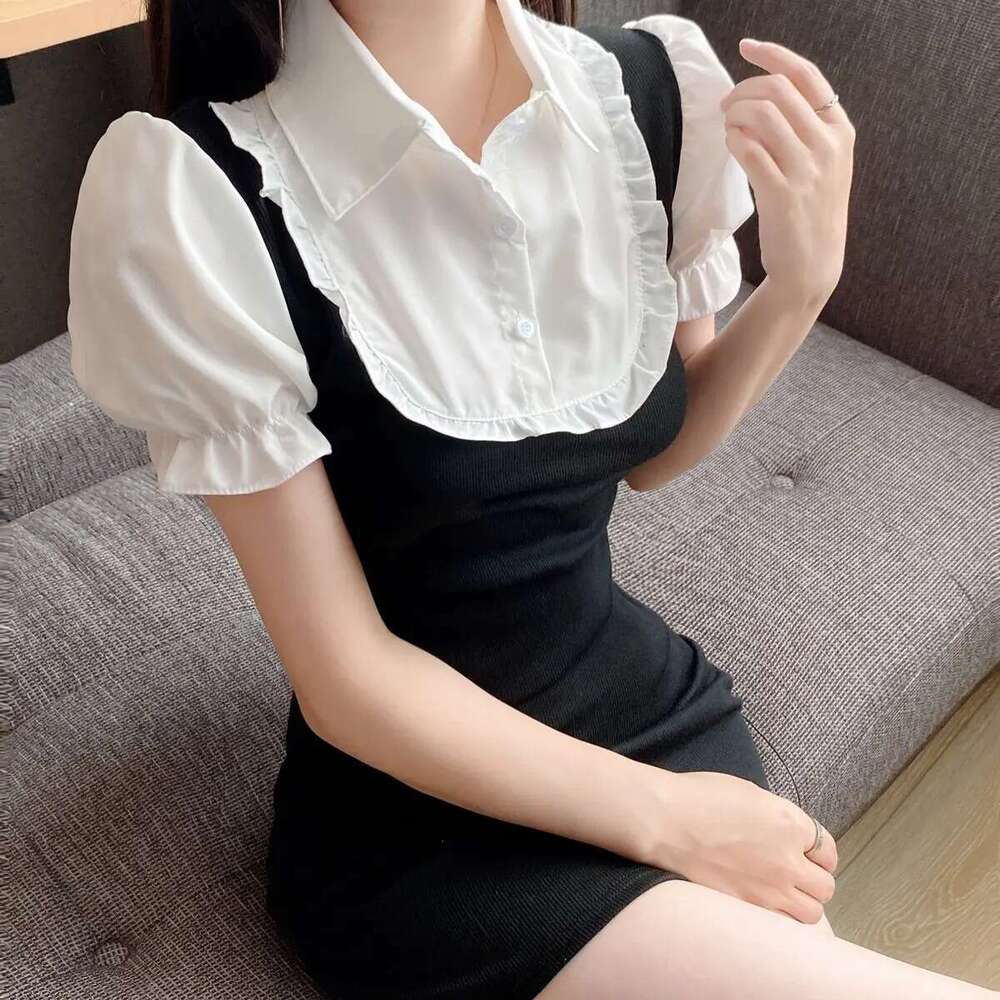Spicy Girl College Style Fake Two-Piece Sleeve Shirt Summer New Design Waist-Cinching Slimming Bodycon Short Dress B5