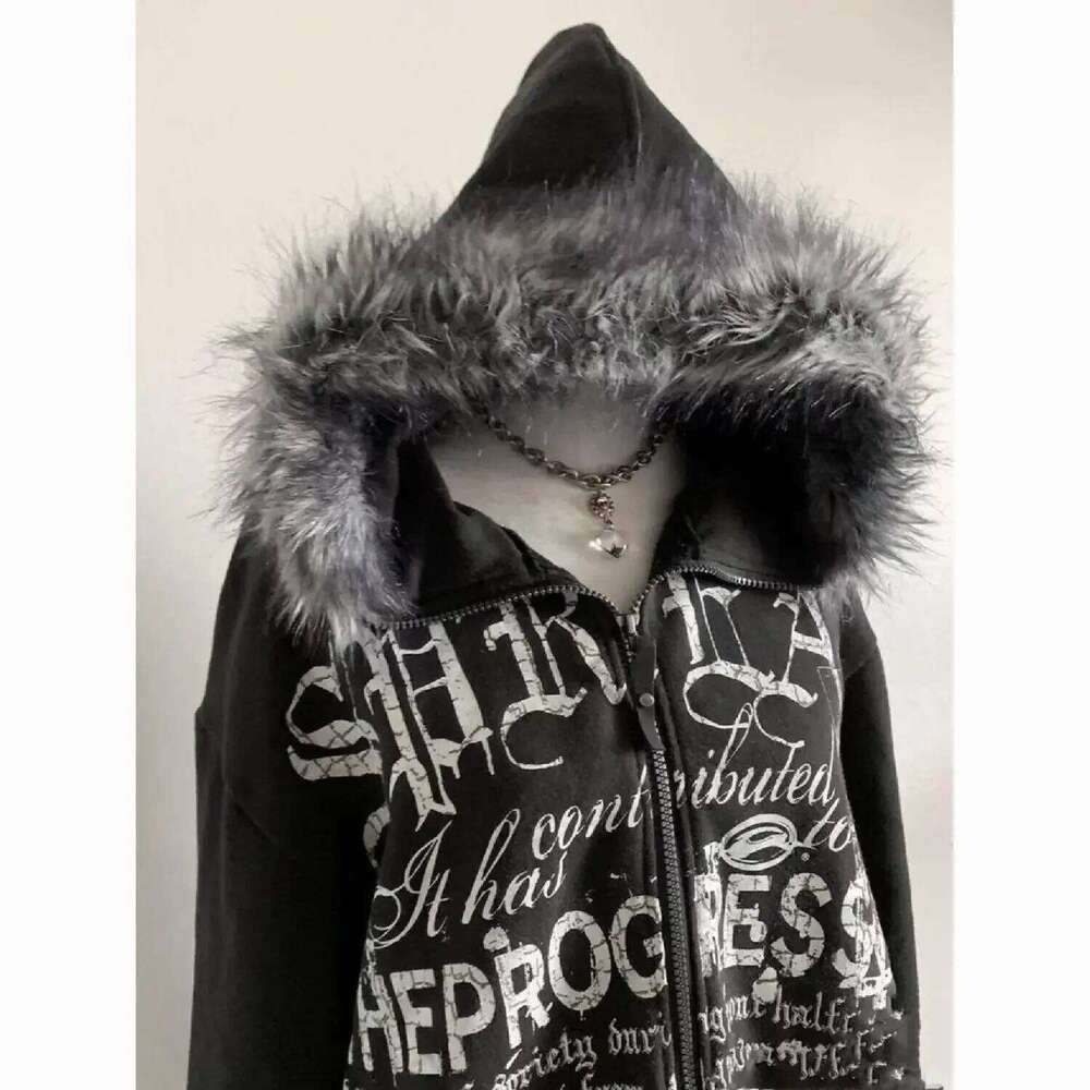 hoodie American Vintage Black Faux Fur Sweatshirts Women Letter Printed Subculture Coats with Hooded Female Gothic Haruku Jackets Y2k jacket