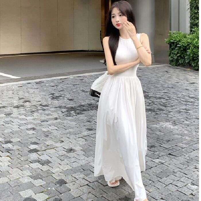 Gentle Slim-Fit White Tank Women's Summer Design Sense Niche French Style Long Waist-Cinching Slimming Dress B5
