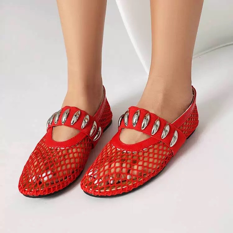 Free shipping designer shoes New European and American Fashionable Large Size Metal Buckle Round Toe Mesh Mary Jane Shoes Women Flat Fishnet Ballet Sh