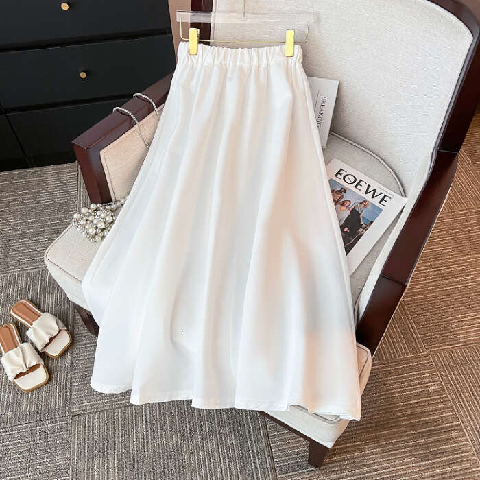 French Style White Gentle Temperament Draped High Waist Slimming Midi For Women Summer Cool Design Flared Umbrella Skirt B5
