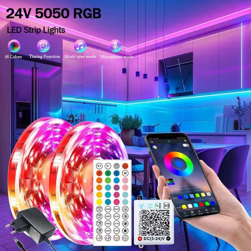 5050 RGB LED Strip Light Bluetooth App 24V 10m 20m 30m 40m LED Lights Flexible Ribbon Diode Tape for Gaming Room Decoration XJ250710