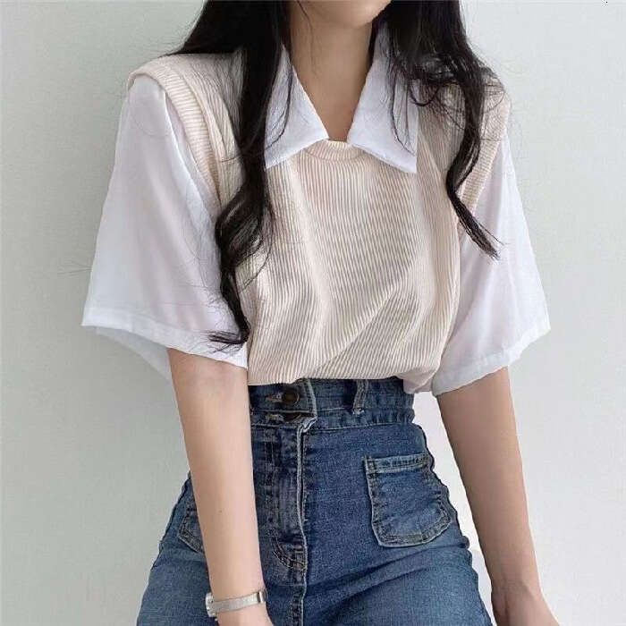 Summer Polo Collar Fake Two-Piece College Style Color-Block Short Sleeve T-Shirt For Women Loose Casual Versatile Top Ins B5