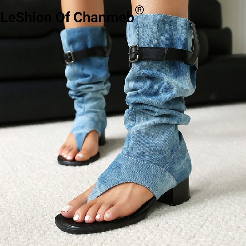 LeShion of Chanmeb Punk Belt Buckle Pleated Mid-calf Boots Women Flip Flops Open Toe Summer Boots Sandals Jeans Shoes Spring New