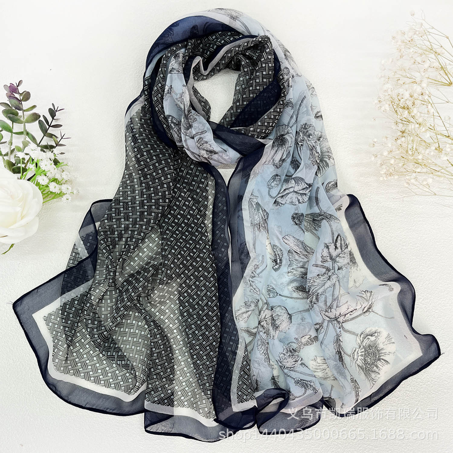 K1307 Cross-border quality Korean silk scarf for women Georgette versatile imitation silk blue silk beauty multifunctional spring, summer and autumn t