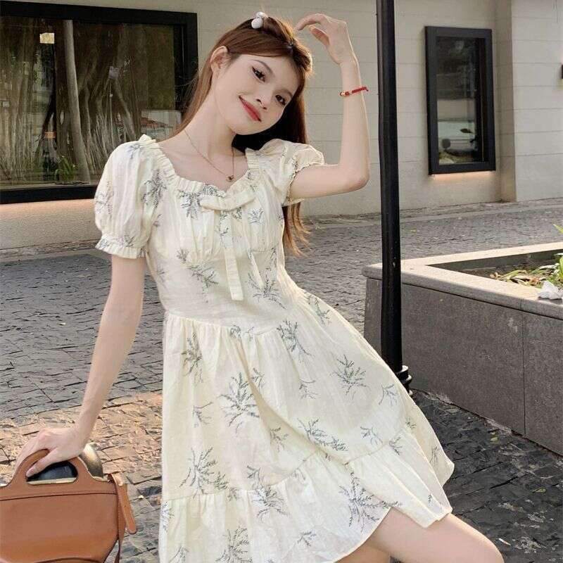 French Style Square Neck Bow Floral Women, Waist-Cinching, Elegant Design, Petite Short Dress For Summer B5