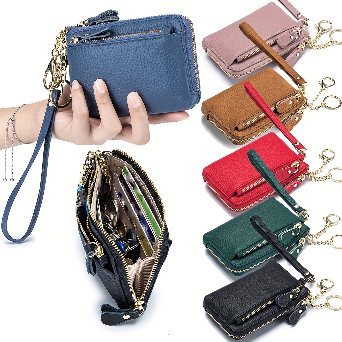 Genuine Leather Women's Wallet, Zipper Around Bank Card & Coin Purs with Detachable Wrist Strap Lychee Pattern Handbag