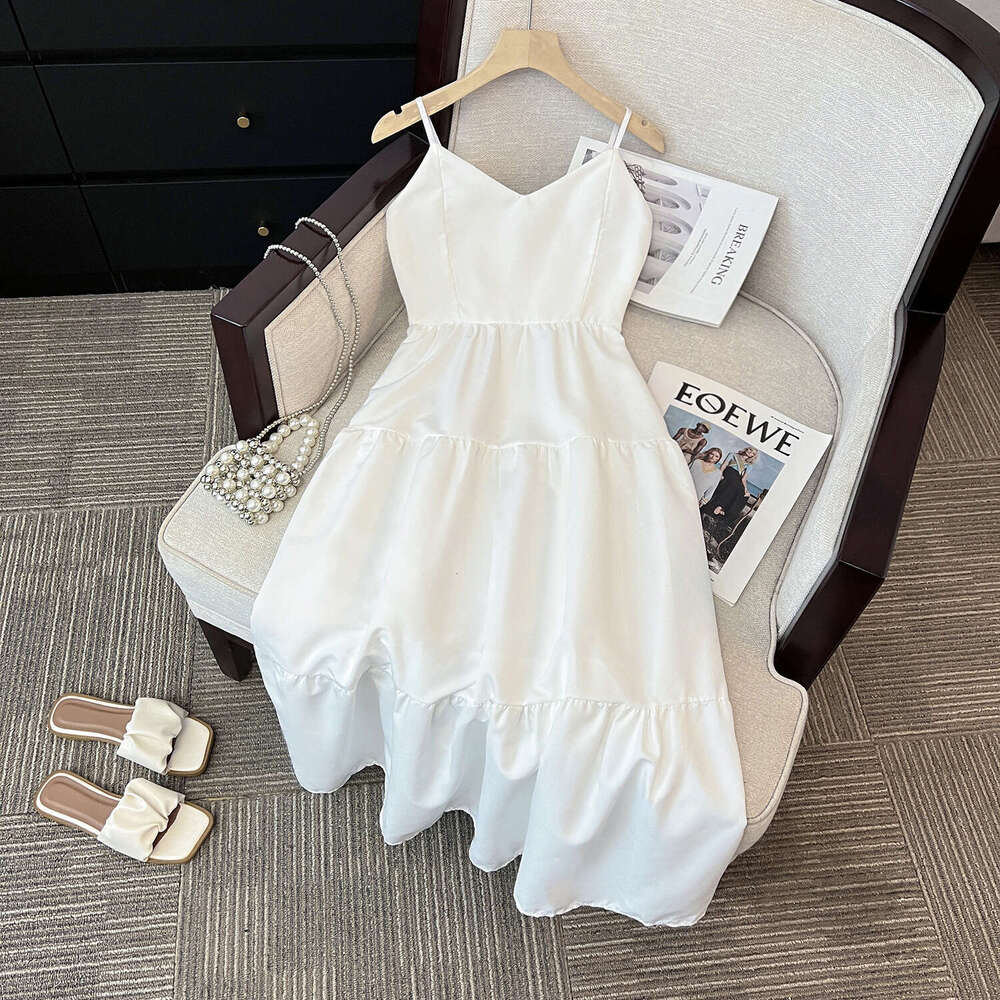 French Style White Strap For Women Summer New Simple Elegant Petite Slim Long Dress B5