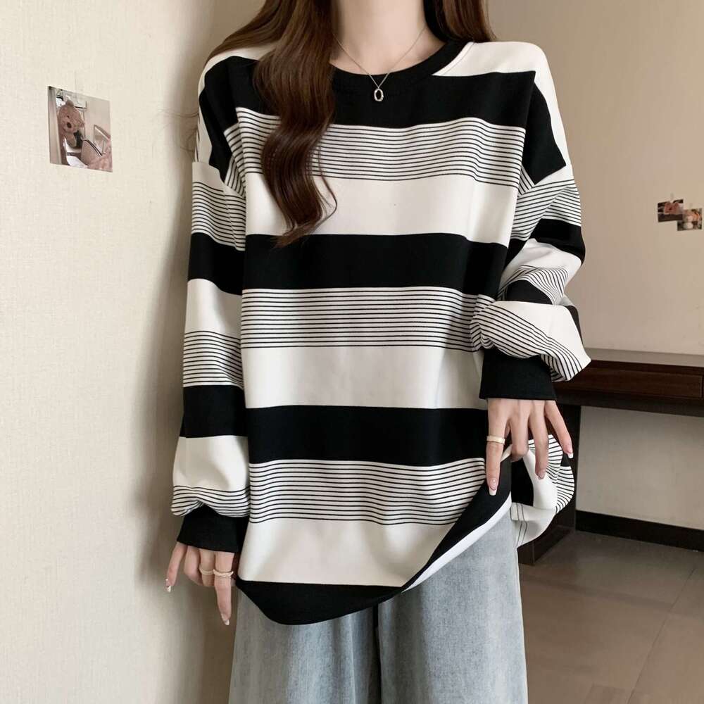 American Style Striped Thin Sweatshirt For Women New Autumn Slimming Plus Size Belly Covering Loose Student Top B5