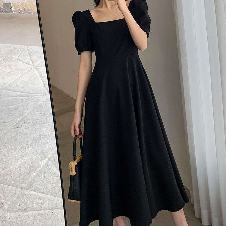 Summer New Ins Tea Break Elegant Off-Shoulder Knee-Length Hepburn Style Plus Size Little Black Dress B5