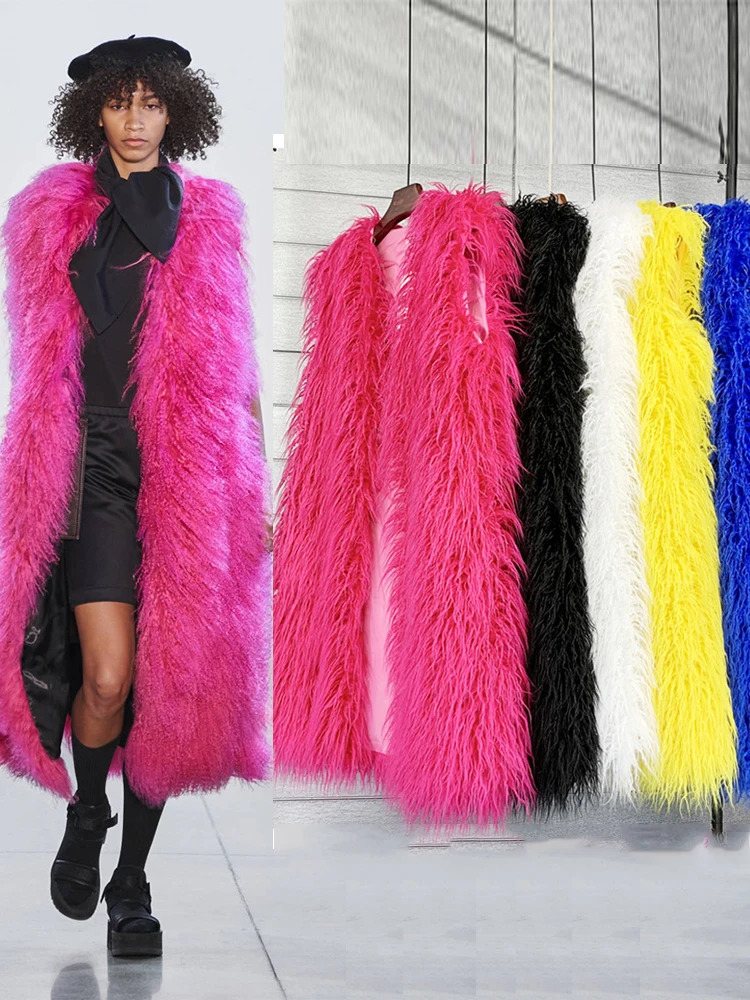 Mongolia Sheep Fur Women Long Vest Colorful Warm Faux Fur High Street Plush Coats Female Jacket Autumn Winter Furry Outerwear 250703