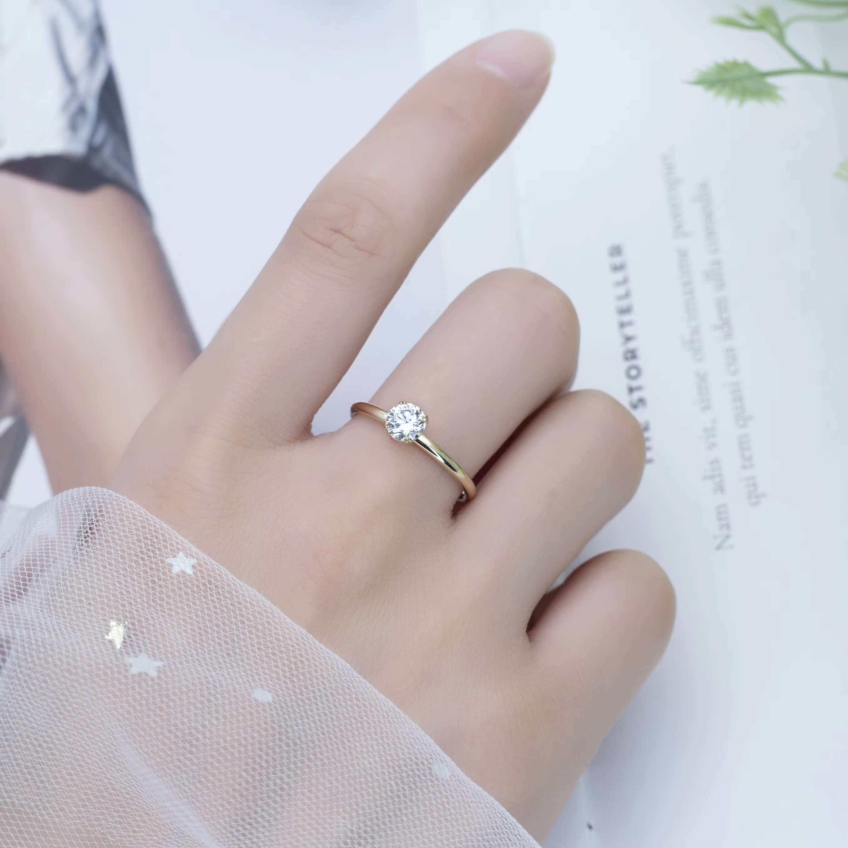 Messi Jewelry 14k Yellow Gold Solitaire 5mm Round Brilliant Cut Moissanite Diamond Engagement Ring