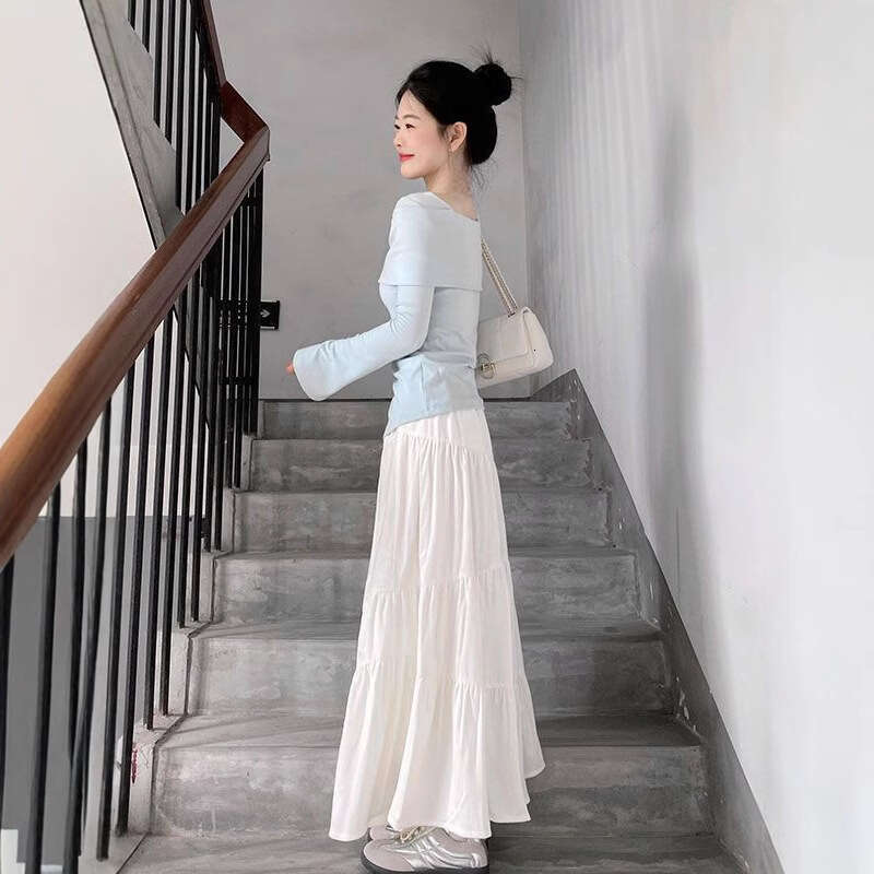 Sweet Desire Style Full Set Top Suit For Women Early Autumn Design Sense Hot Girl Long Sleeve T-Shirt High Waist Bowknot Half Skirt B5