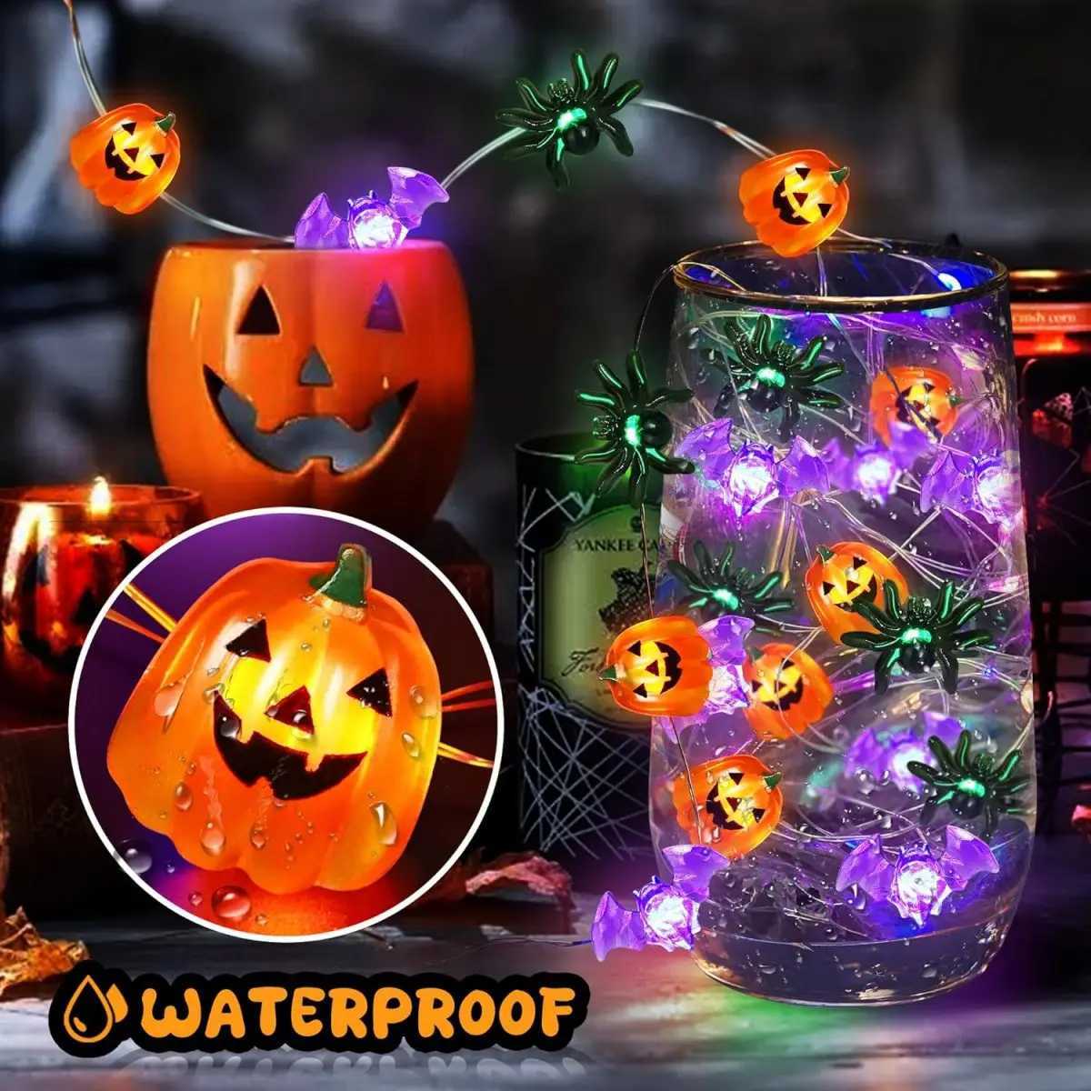 1pc LED Halloween Pumpkin Spider Bat String Light Battery Operated Waterproof Indoor And Outdoor Spooky Atmosphere Hanging Decoration XJ250710
