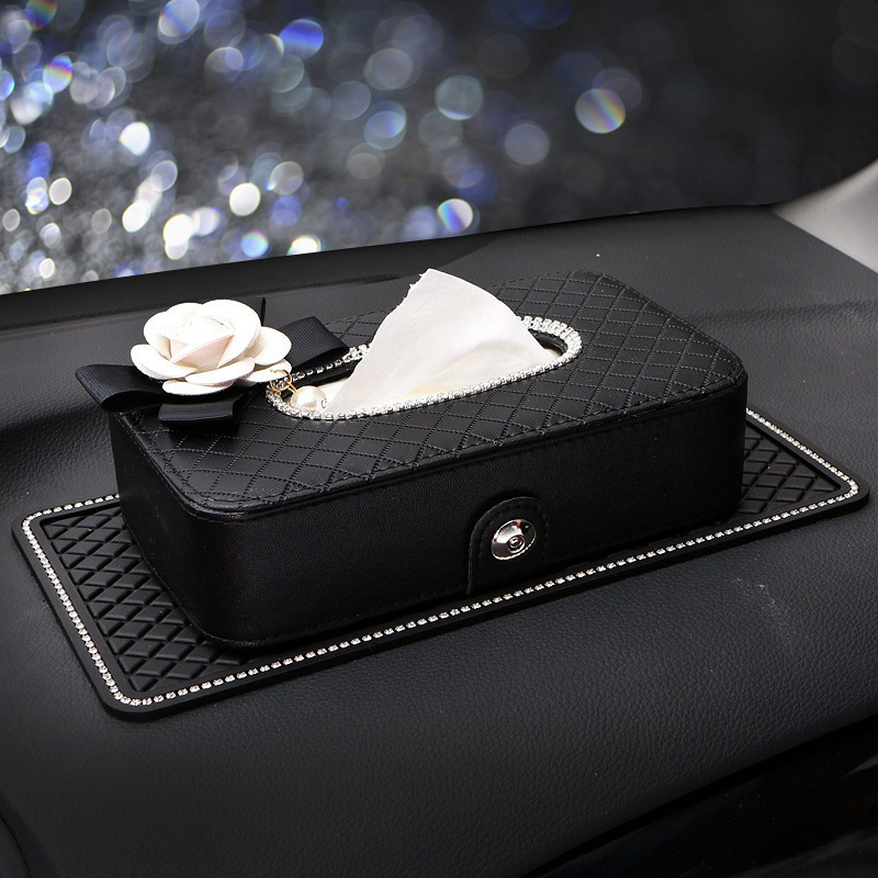 High Quality Leather Pearl Flower Car Tissue Box For Armrest Paper Holder Hanging for Auto Back Seat Headrest Organizer Storage 250711
