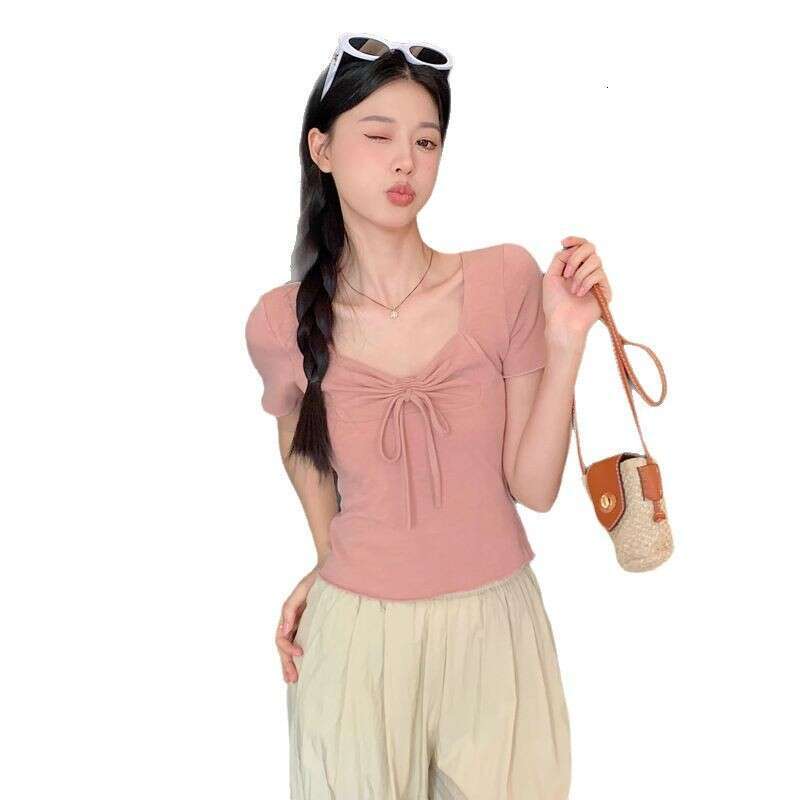 Pink Square Neck Regular Shoulder Sleeve T-Shirt For Women Summer New French Style Slim Fit Tie-Up Petite Short Top B5