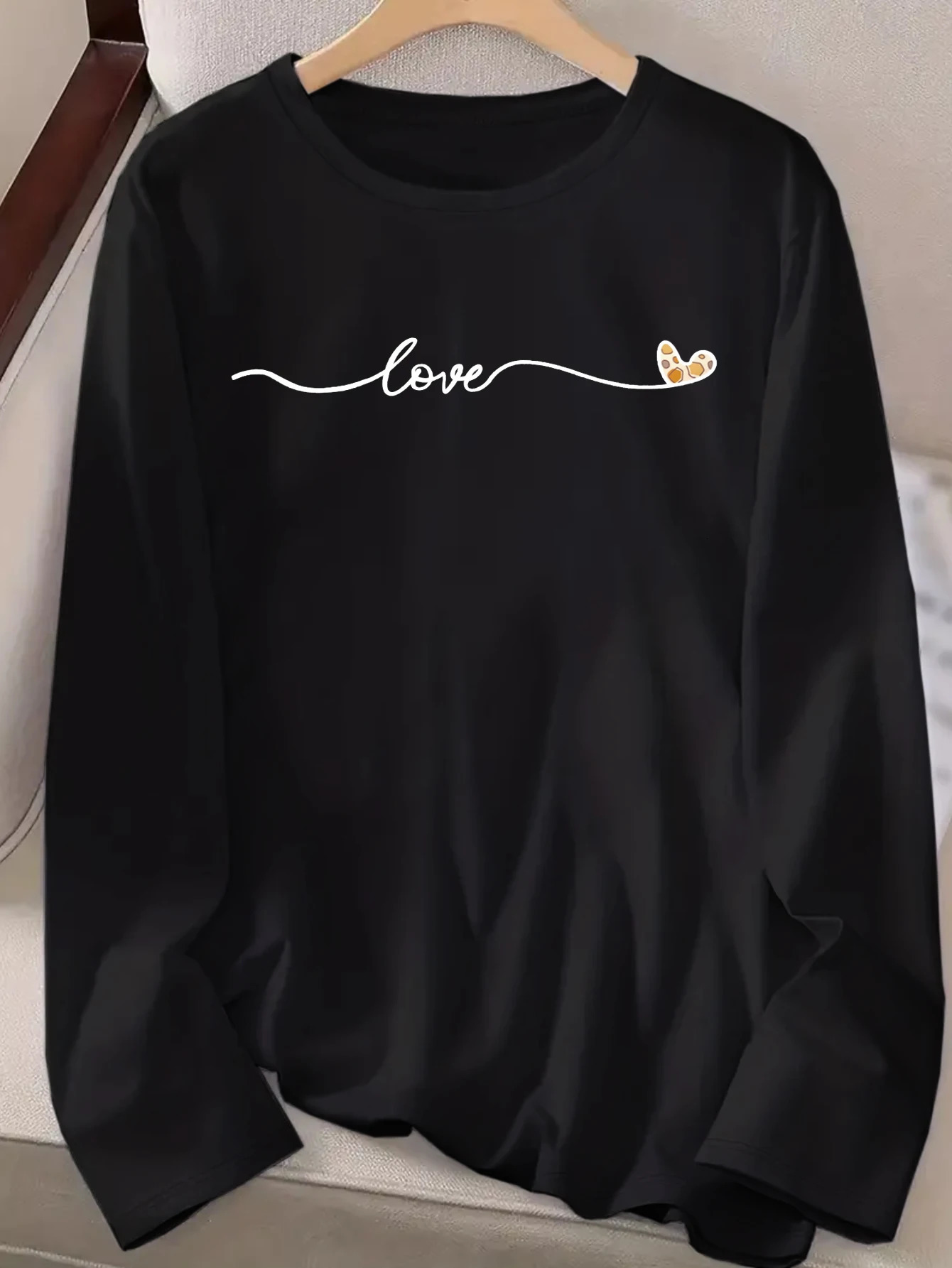Spring and Autumn Womens Fashion Clothes Women Black Casual Letter Printed Long Sleeve Round Neck T-shirt 250703