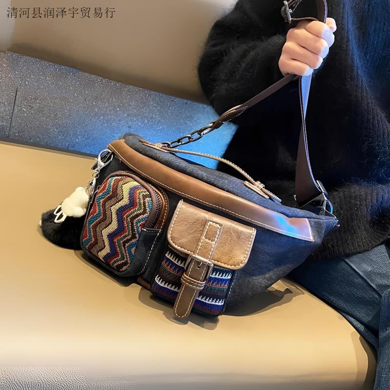 Free Shipping Designer Luxury Vintage Denim Fabric Chest Bag Women's Crossbody Waist Bag Ethnic Style Large Capacity Casual Versatile Trendy Dump