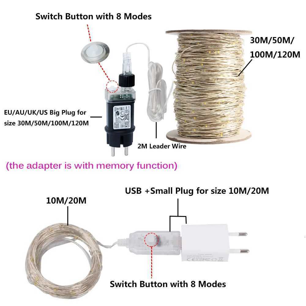 50M/100M LED String Lights Silver Wire Fairy Lights Garland For Outdoor Wedding New Year Tree Terrace Party Decoration XJ250710