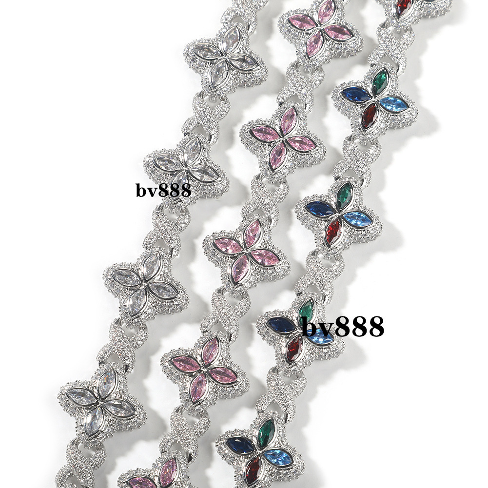 Hip Hop Rap Style Four-leaf Clover Charm Bracelet Cool Ruffian High Sensitivity 5A Moissanite Color Handmade Brass Diamond for Gifts