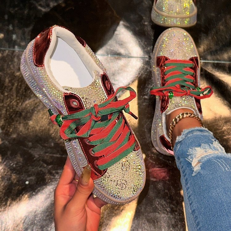 Full Diamond Thick Sole Sneakers for Women Spring Color Block Embroidered Large Size Casual Sports Shoes for Women 250711