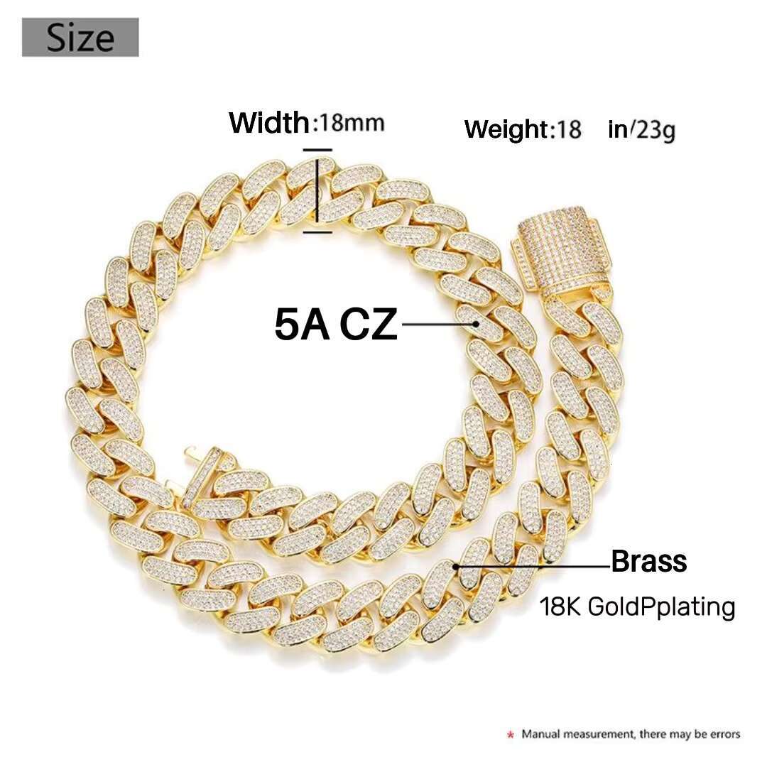 18mm Triple Row CZ Cuban Link Chain for Men Thick 18K Gold Plated Hip Hop Necklace High Quality Streetwear Jewelry Wholesale