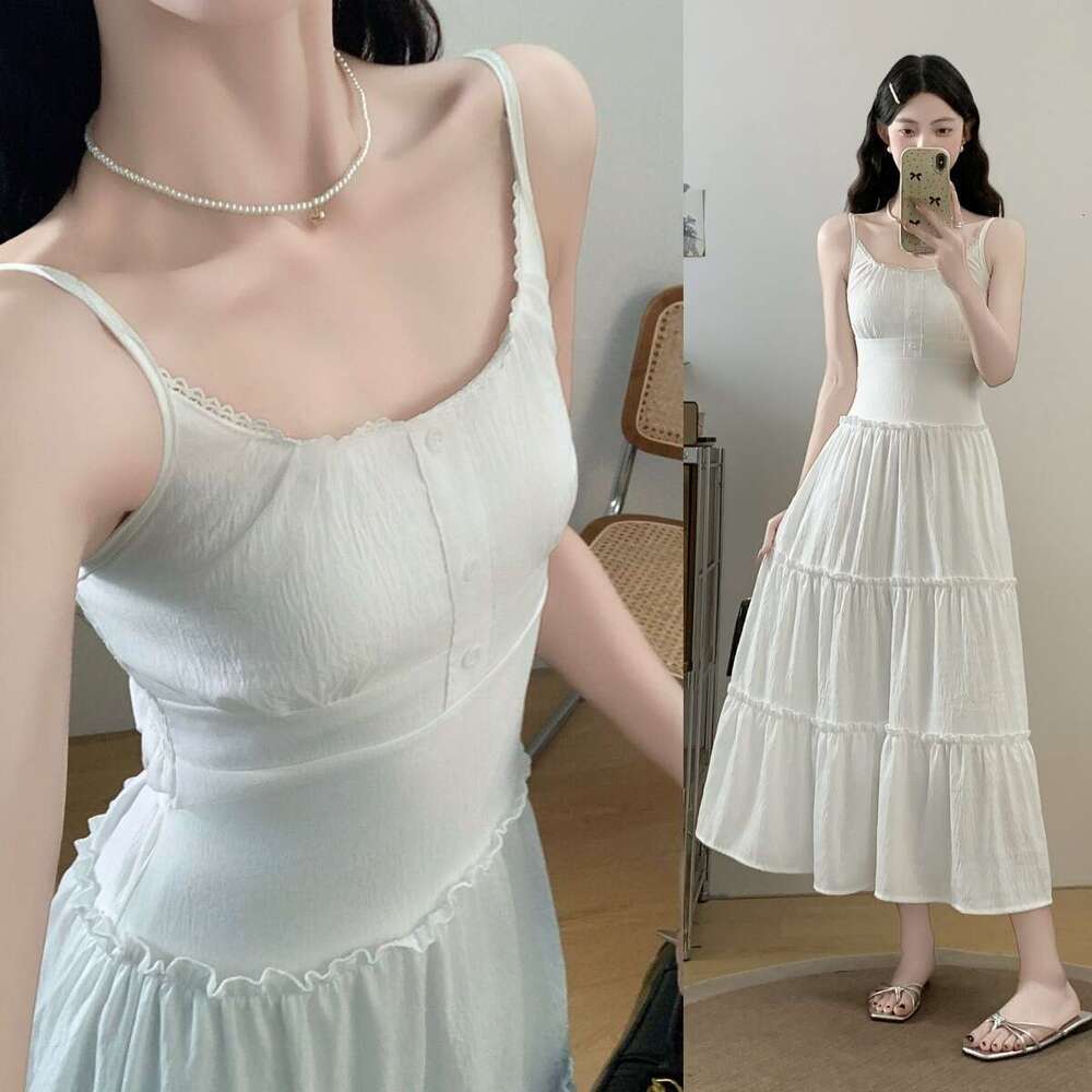 Gentle Style White Strap For Women Summer New High-End Elegant Versatile Waist-Slimming Long Dress B5