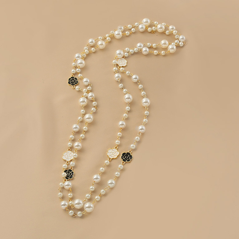 Vintage Lady Camellia Pearls Flower Long Necklace Chain Elegant Double Layers Fashion Jewelry For Women Party Collares de moda 250711
