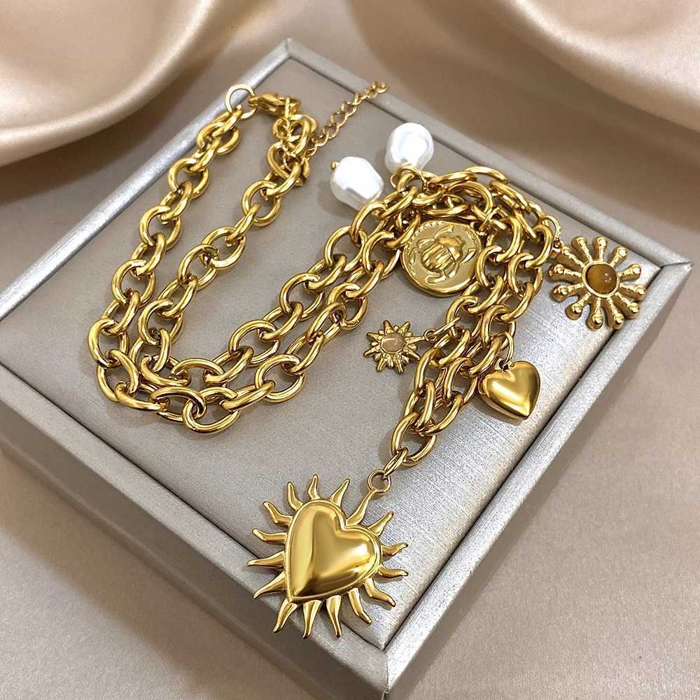 Vintage Chunky Golden Thick Chain Stainless Steel Charm Necklace Statement Chic Sun Heart Shaped Pendant Fashion Jewelry Gift W250710