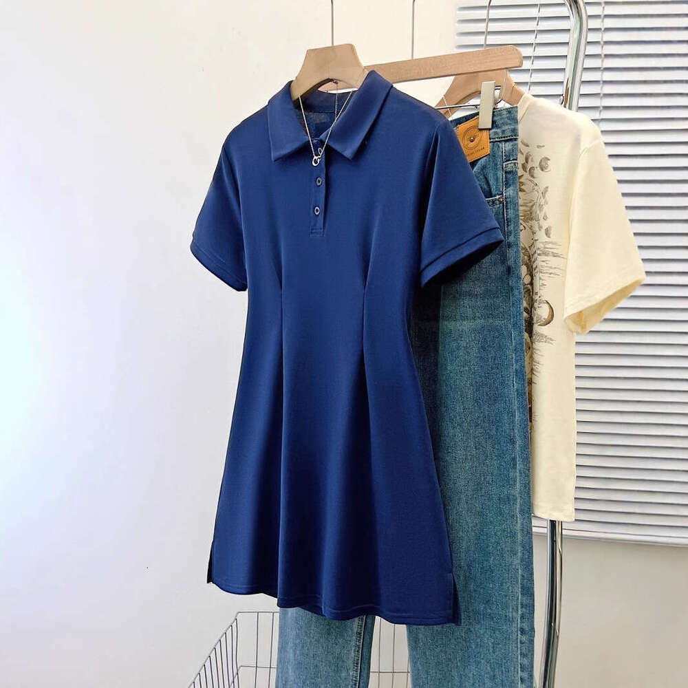 Korean Chic Summer Niche Turn-Down Collar Slim Fit Solid Color Sleeve Petite Bodycon Dress Short Skirt B5