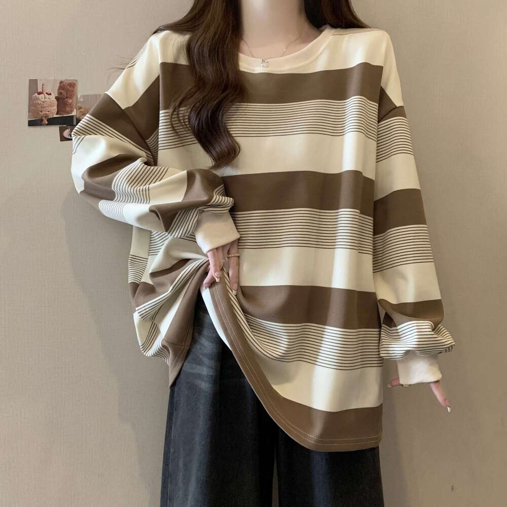 American Style Striped Thin Sweatshirt For Women New Autumn Slimming Plus Size Belly Covering Loose Student Top B5