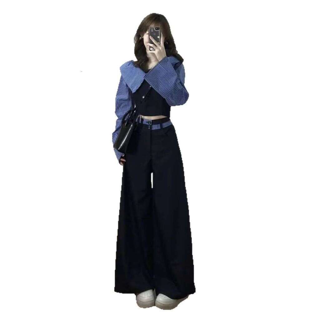 Color-Block Off-Shoulder Striped Patchwork Long Sleeve Shirt Women Spring Autumn College Style Casual Wide-Leg Pants Two-Piece Set B5
