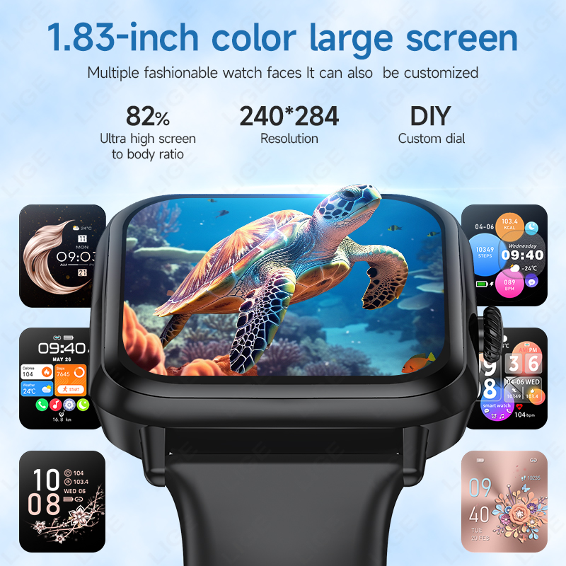 LIGE smartwatch features wireless call, music control, heart rate and blood pressure monitoring, health monitoring, multiple sports modes, and is IP67