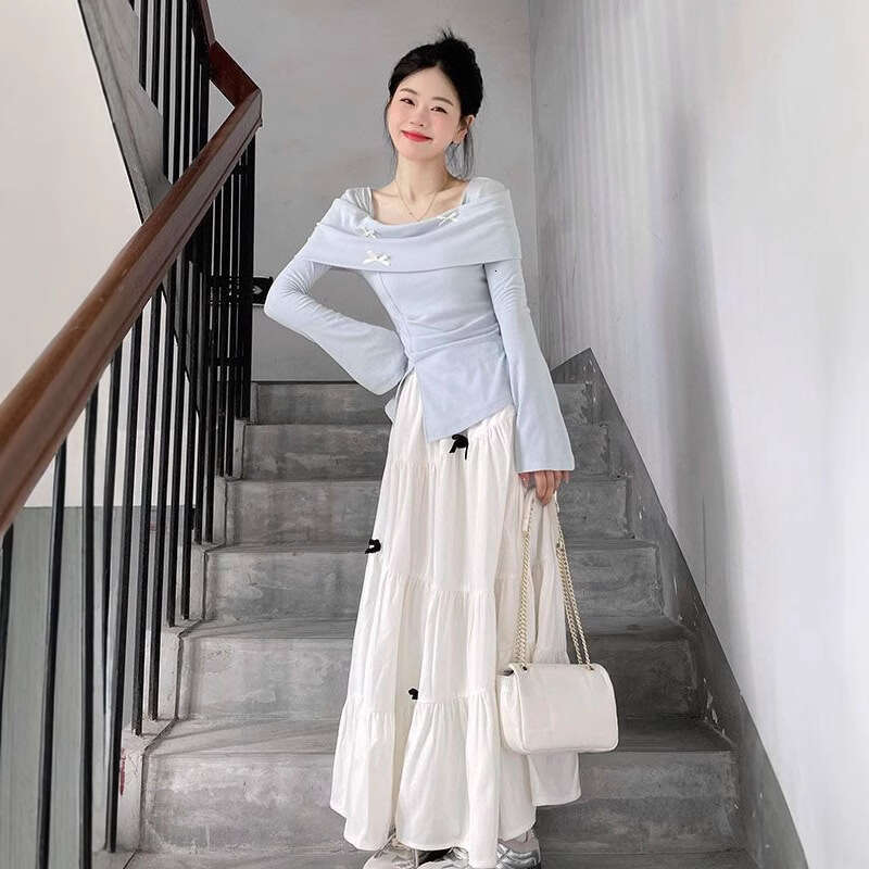 Sweet Desire Style Full Set Top Suit For Women Early Autumn Design Sense Hot Girl Long Sleeve T-Shirt High Waist Bowknot Half Skirt B5