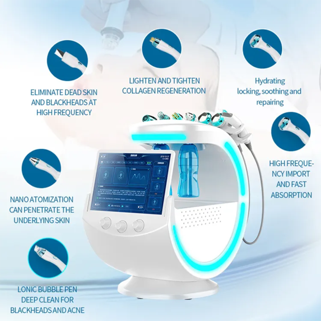 2025 Intelligent Ice Blue Facial Skin Analysis Ultrasonic Rejuvenation and Grinding High Pressure Oxygen Facial Machinea