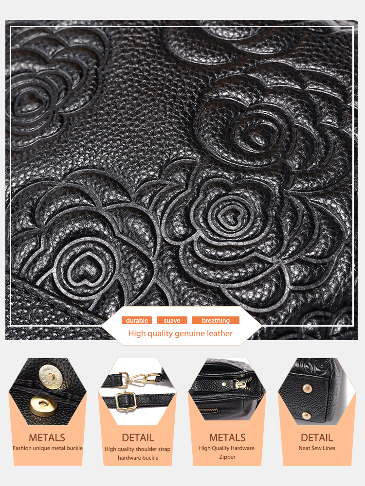 Zency Women Elegant Rose Embossing Cowhide Leather Black Handbag Shoulder Bag Crossbody Bag Small Leather Bag For Spring Summer