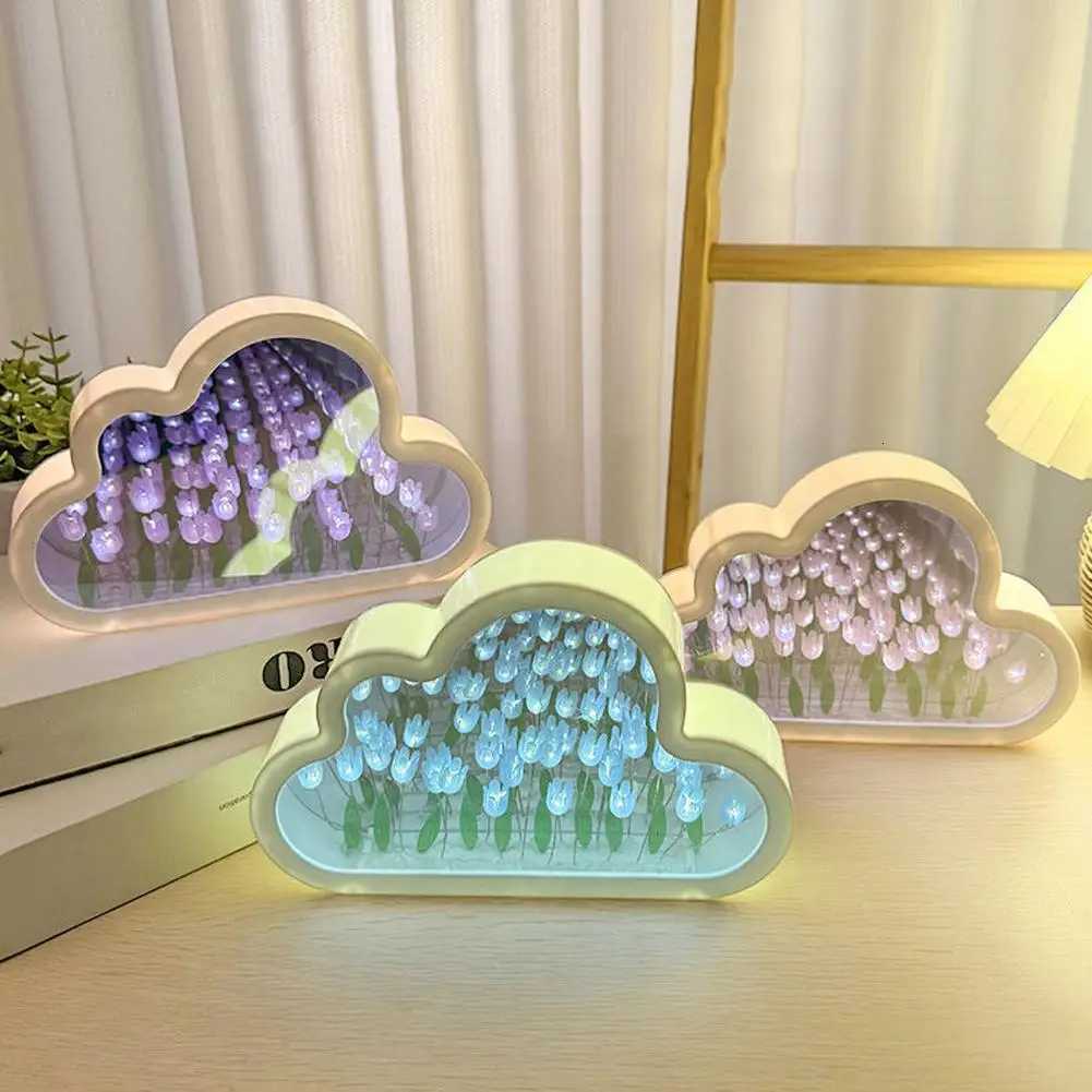 12pcs DIY Cloud Mirror Tulip Lamp Night Light Girl Bedroom Ornaments Photo Frame Handmade Glass Bedside Sleep Light Christmas Gifts XJ250710